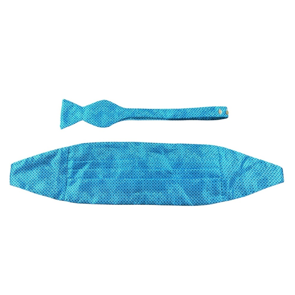 Carrot & Gibbs Blue Geometric Pure Silk Bowtie and Cummerbund Set Mens Formal